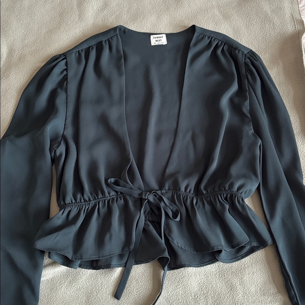 Elegant Dark Emerald Green Blouse with Tie Front